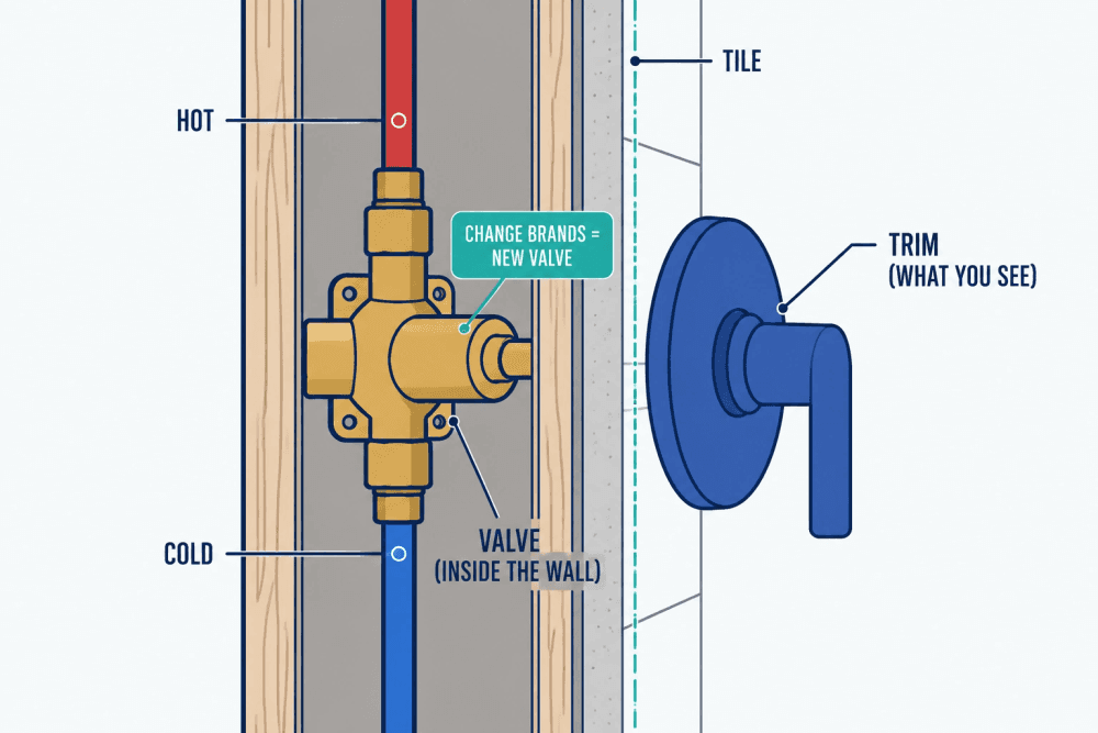Cutaway of a shower wall showing the trim on the tile face and the valve body inside the wall connected to the hot and cold pipes