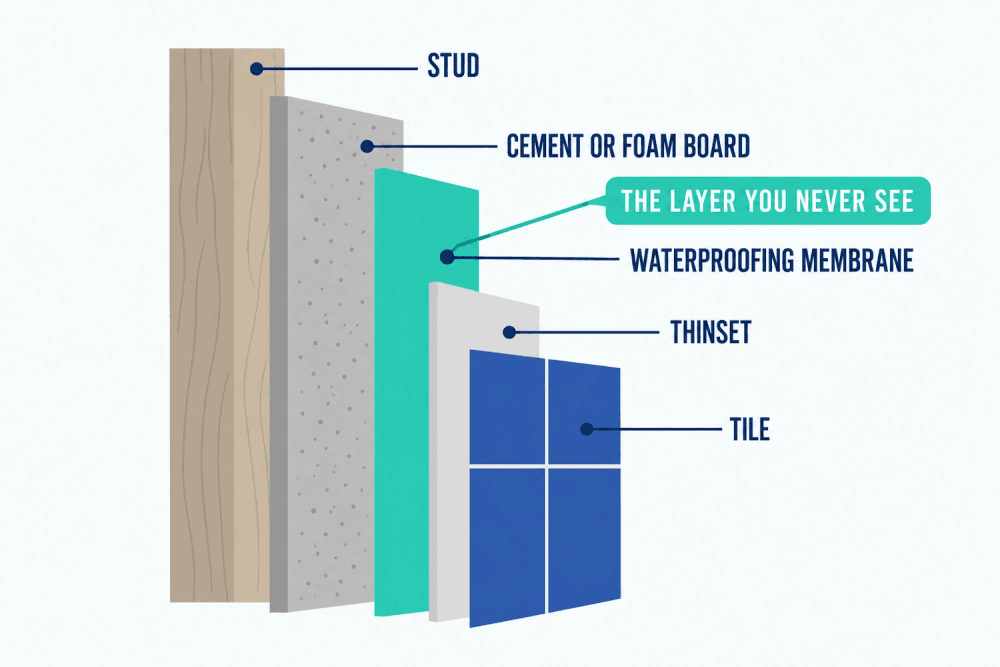 Cutaway of a shower wall in five layers: wooden stud, cement or foam board, a waterproofing membrane marked as the layer you never see, thinset, and tile