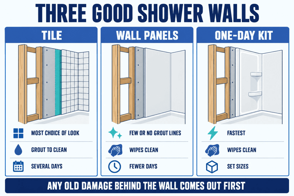 Three shower walls side by side, tile over a waterproof membrane, acrylic or solid-surface wall panels, and a one-day shower kit, each on sound framing with what it costs in time, cleaning and choice