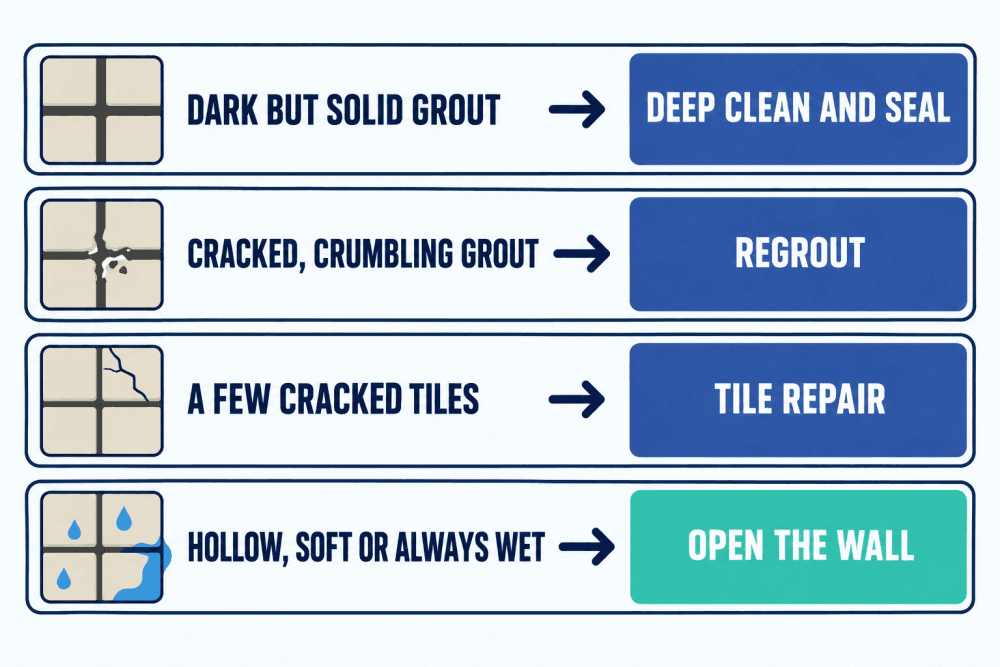 Decision chart for tile and grout: dark but solid grout gets a deep clean and seal, cracked grout gets regrouted, a few cracked tiles get repaired, and hollow or soft walls get opened up