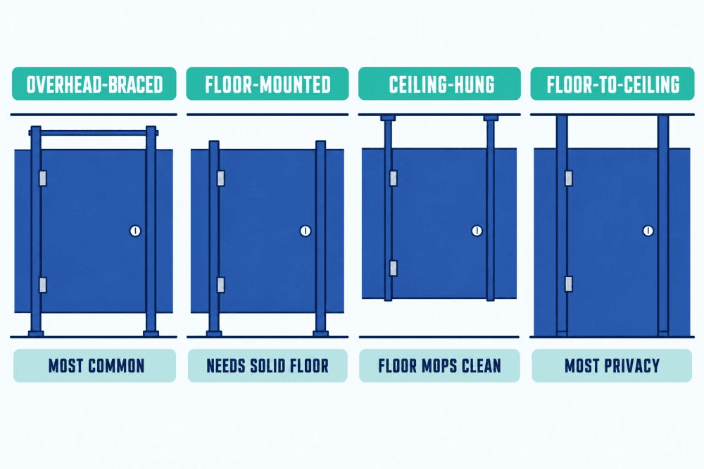 Four front views of toilet partition mounting compared: floor-mounted with an overhead rail, floor-mounted only, ceiling-hung, and floor-to-ceiling