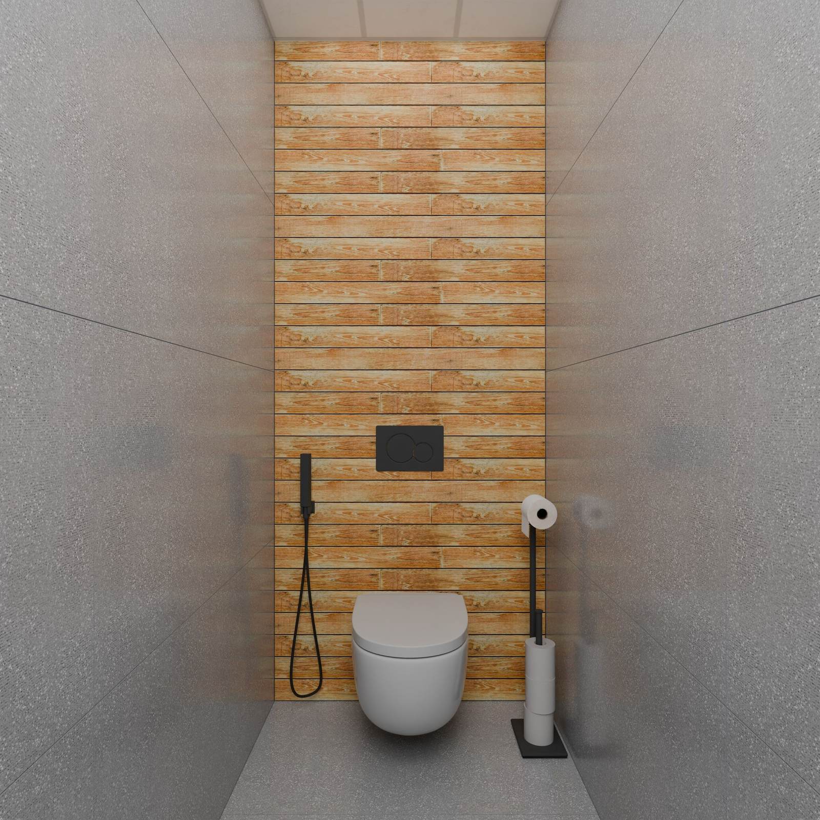 Wall-hung toilet against a wood-look accent wall with a black flush plate