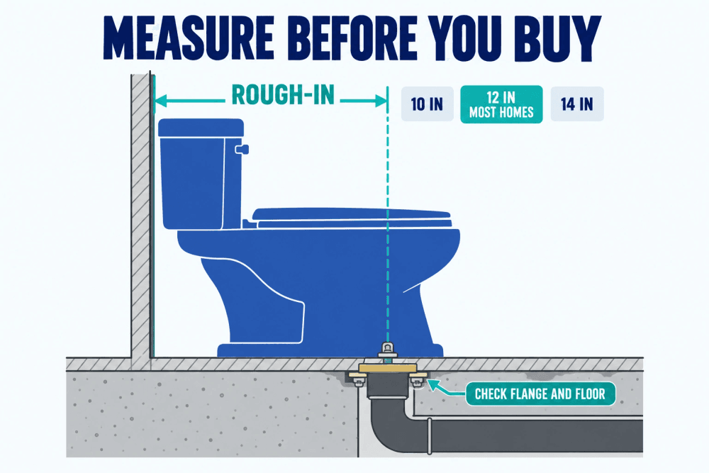 Side view of a toilet showing how to measure the rough-in from the finished wall to the center of the floor bolts: 10, 12 or 14 inches, with 12 the most common