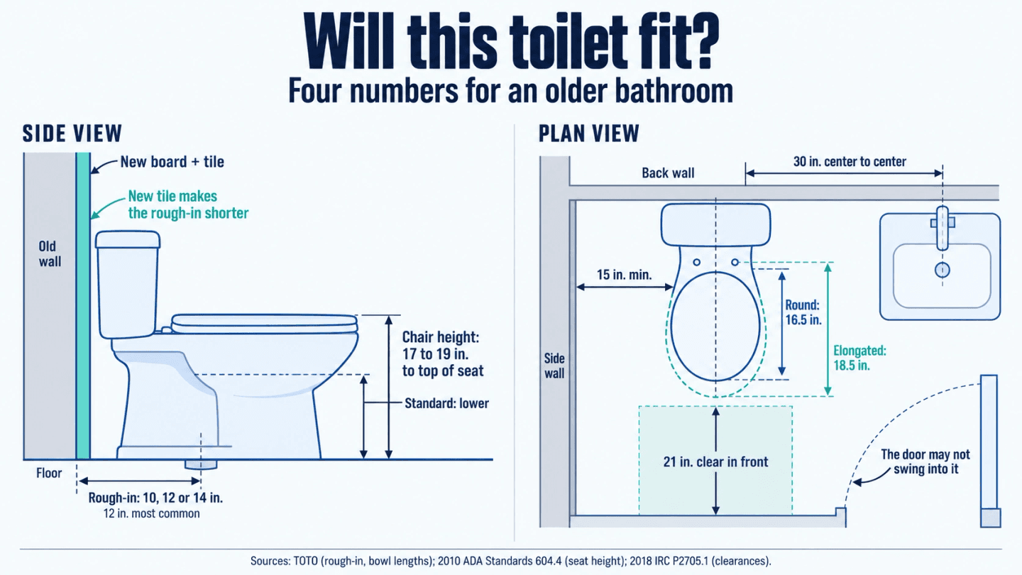 Side view and plan view of a toilet: the rough-in measured from the finished wall to the drain center at 10, 12 or 14 inches, seat height of 17 to 19 inches for chair height, a round bowl at 16.5 inches and an elongated bowl at 18.5 inches, and code clearances of 15 inches to each side and 21 inches in front