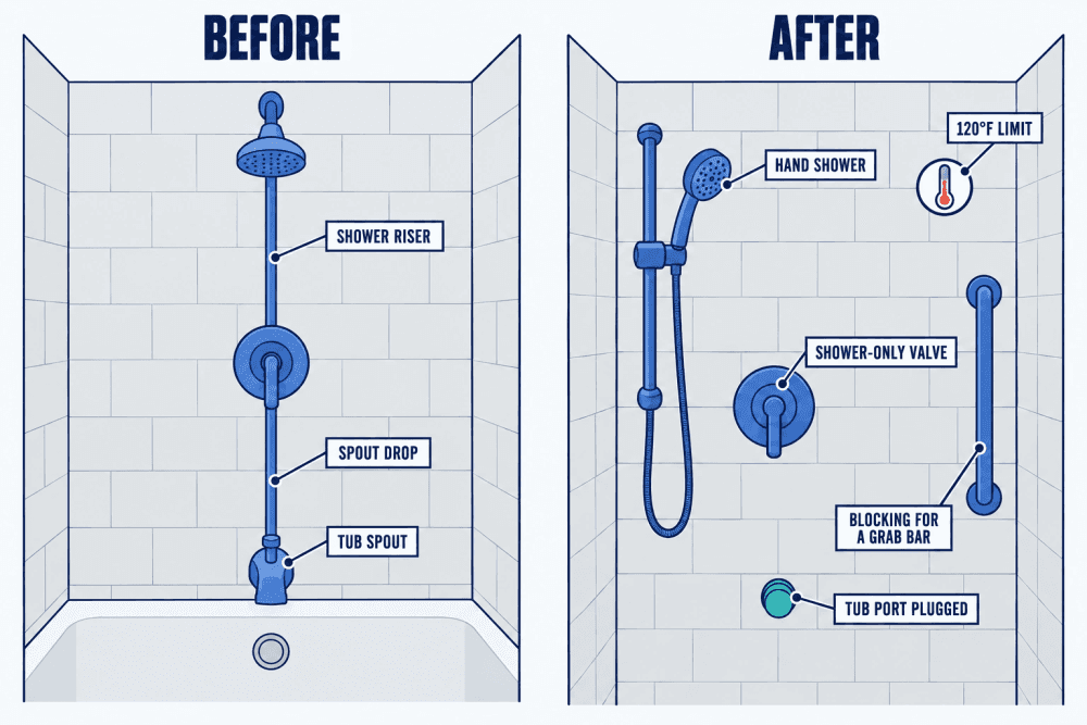 Before and after wall elevation: a tub spout, spout drop and shower riser, then the tub port plugged, a shower-only valve, a hand shower on a slide bar and a 120 degree limit