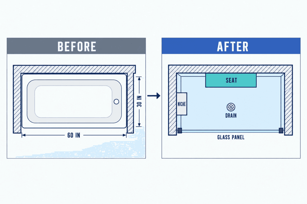 Plan view of a 60 by 30 inch tub alcove before and after conversion to a walk-in shower with a seat, a niche and a glass panel