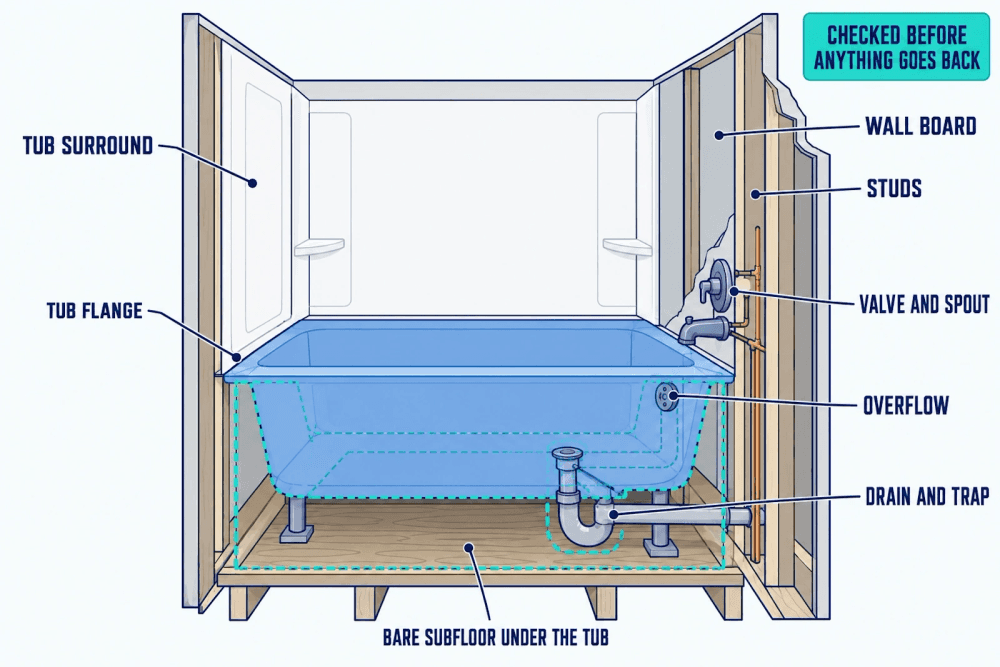 Cutaway of a tub alcove showing the surround, tub flange, wall board, studs, overflow, drain and trap, bare subfloor under the tub, and the valve