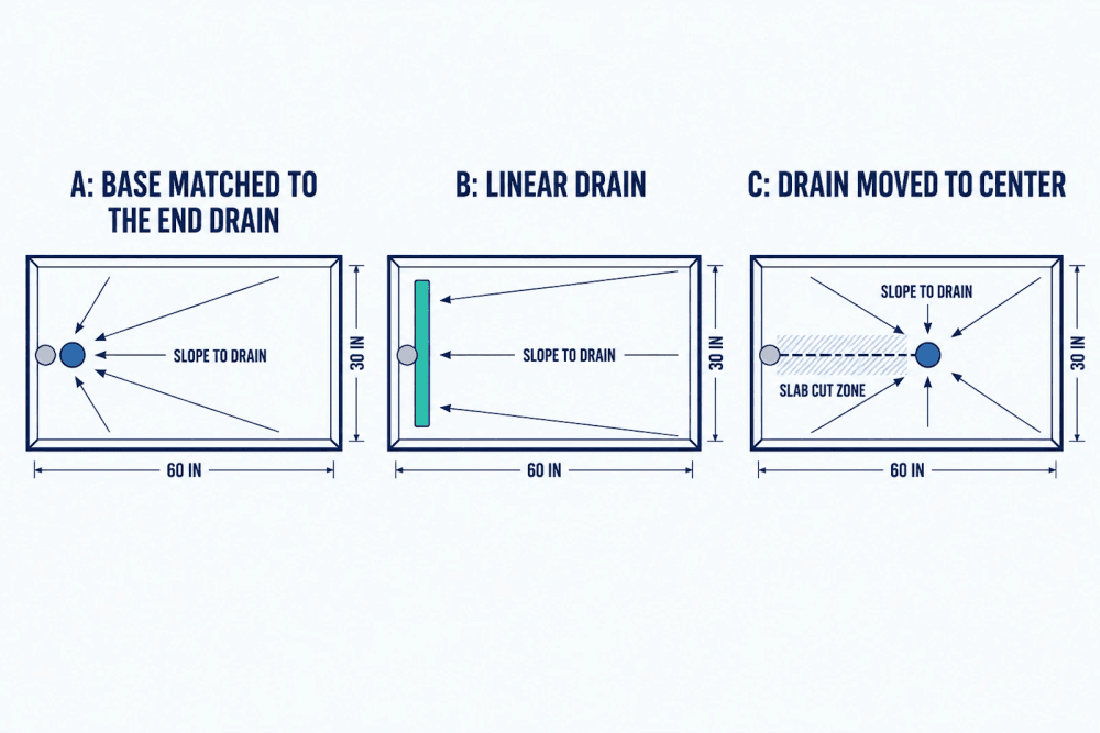 Plan views of a 60 by 30 inch shower: a base matched to the existing end drain, a linear drain at the end, and a drain moved to the center through a slab cut zone