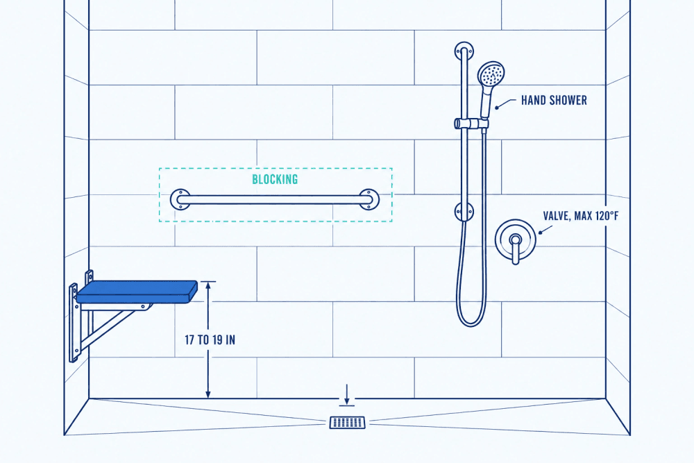 Elevation of a walk-in shower wall showing a fold-down seat 17 to 19 inches high, a grab bar on hidden blocking, and a hand shower on a slide bar