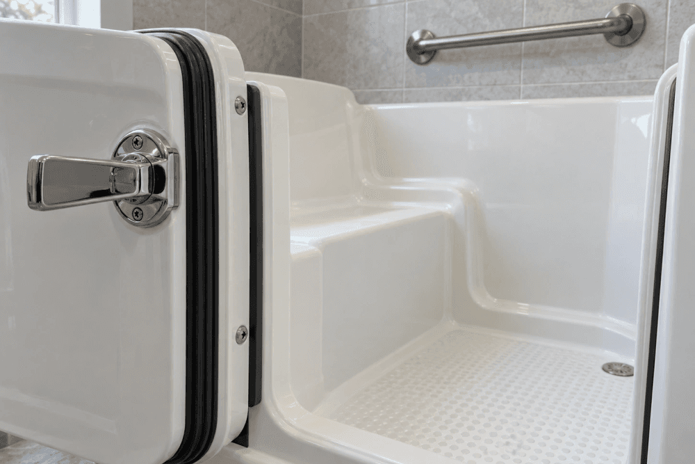Open walk-in tub door with its rubber seal and lever latch, the built-in seat and a textured floor, with a grab bar on the tiled wall