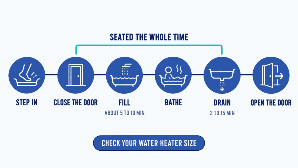 Timeline of using a walk-in tub: step in and close the door, fill, bathe, drain, then open the door, with the bather seated the whole time