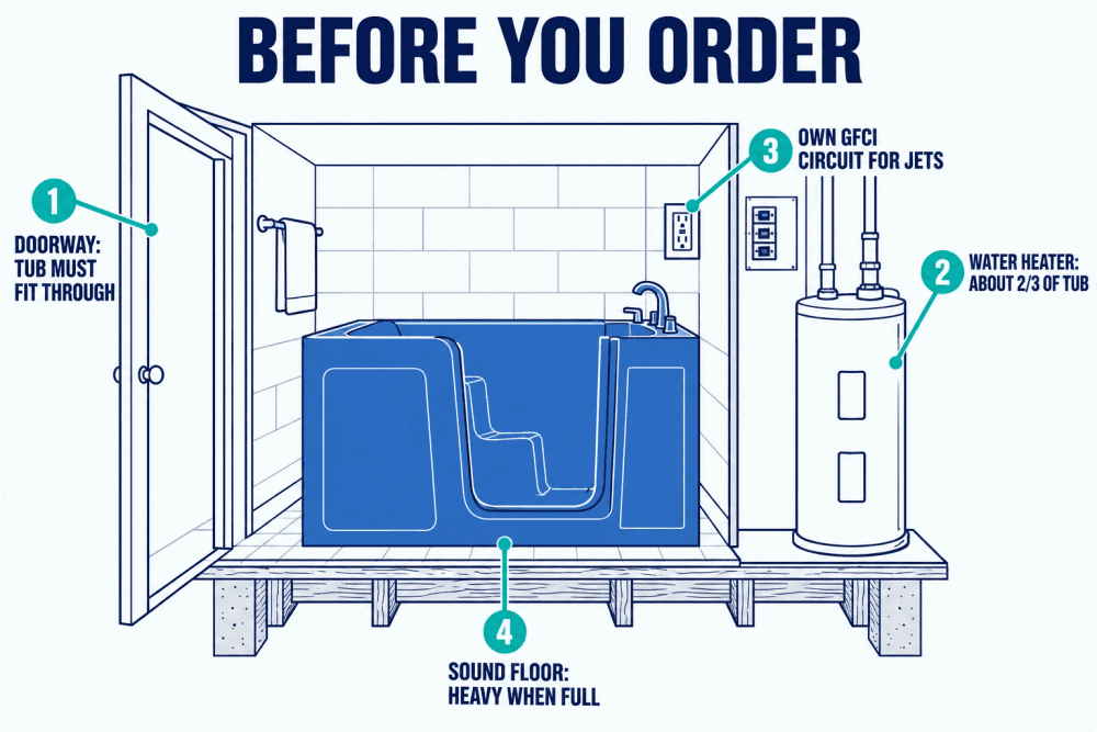 Diagram of what a house needs for a walk-in tub: a doorway the tub fits through, a water heater about two-thirds of the tub's capacity, a dedicated GFCI circuit for jets and heaters, and a sound floor