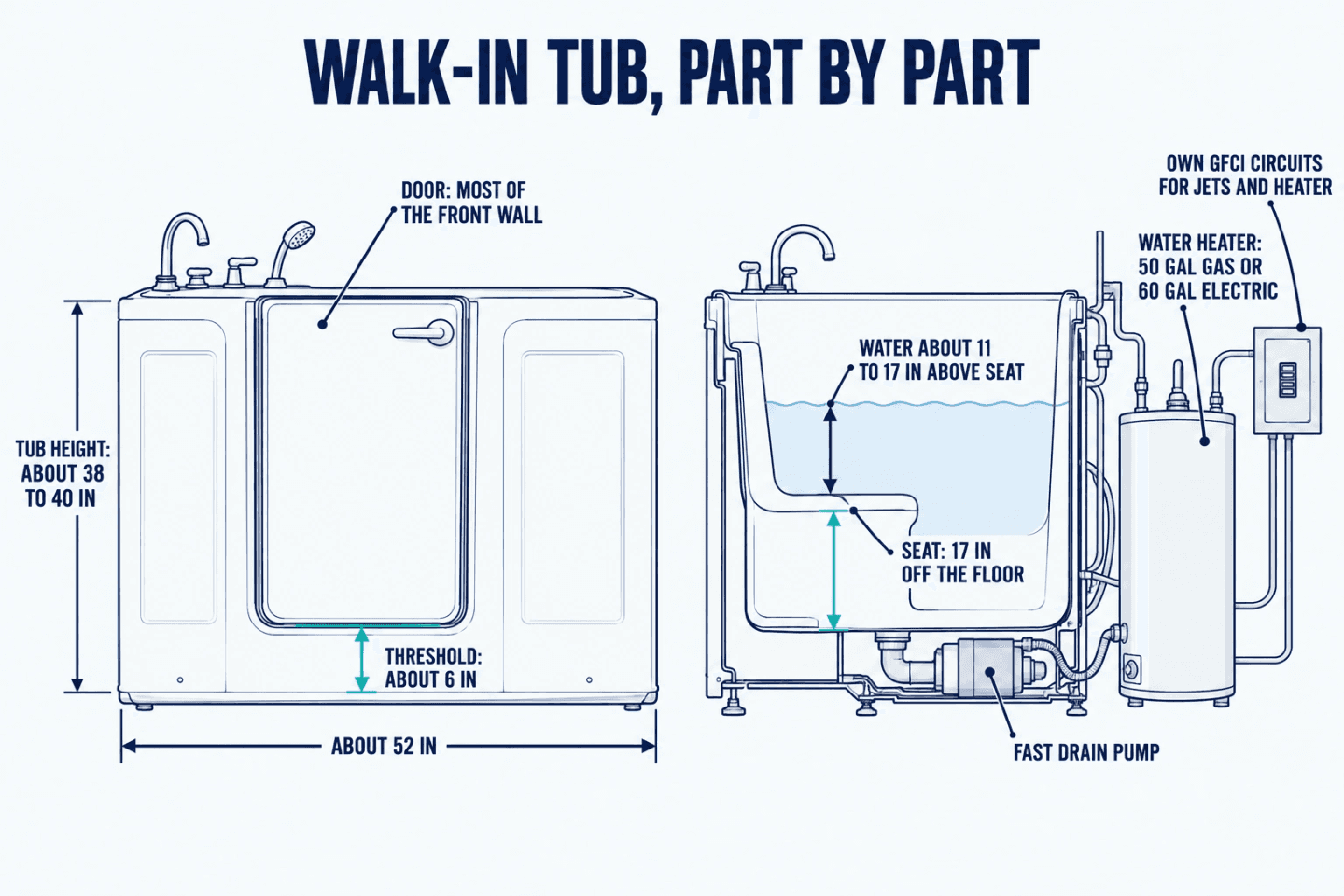 Labeled side view of a walk-in tub about 38 to 40 inches tall, with a door that makes up most of its front wall, a threshold about 6 inches high, a seat 17 inches off the floor, a fast drain and the water heater and circuits it needs
