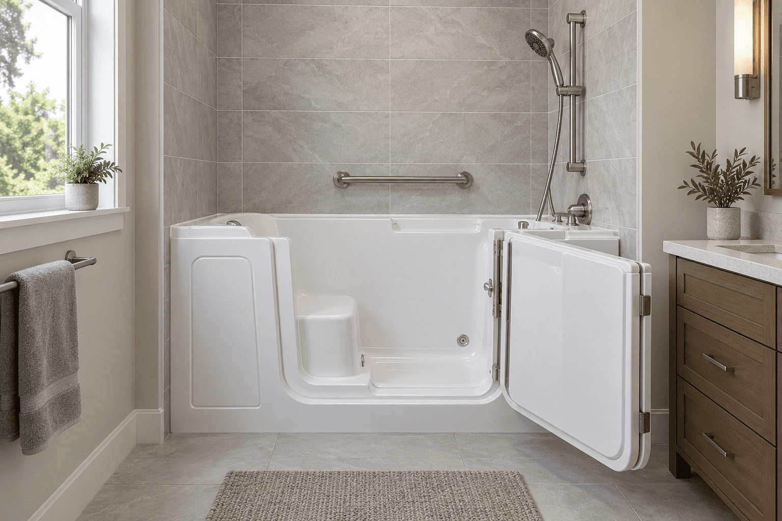 White walk-in tub with its door open and a built-in seat, installed in a tiled tub alcove with a grab bar and a hand shower