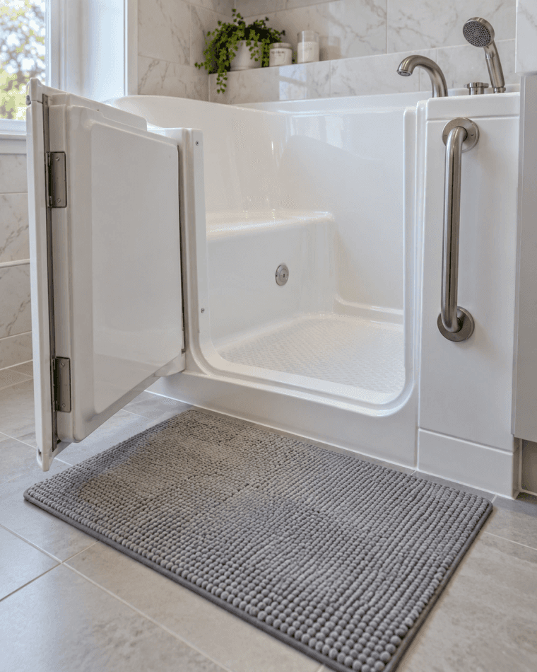 Low step-in threshold of a walk-in tub with the door swung open beside a non-slip bath mat