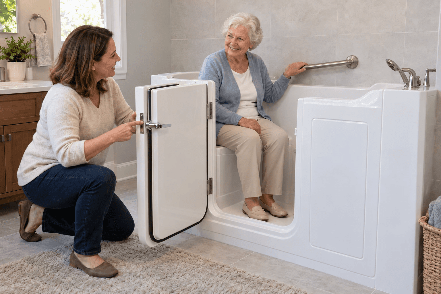 Older woman, fully dressed, sitting on the seat of a walk-in tub while her adult daughter shows her the door latch