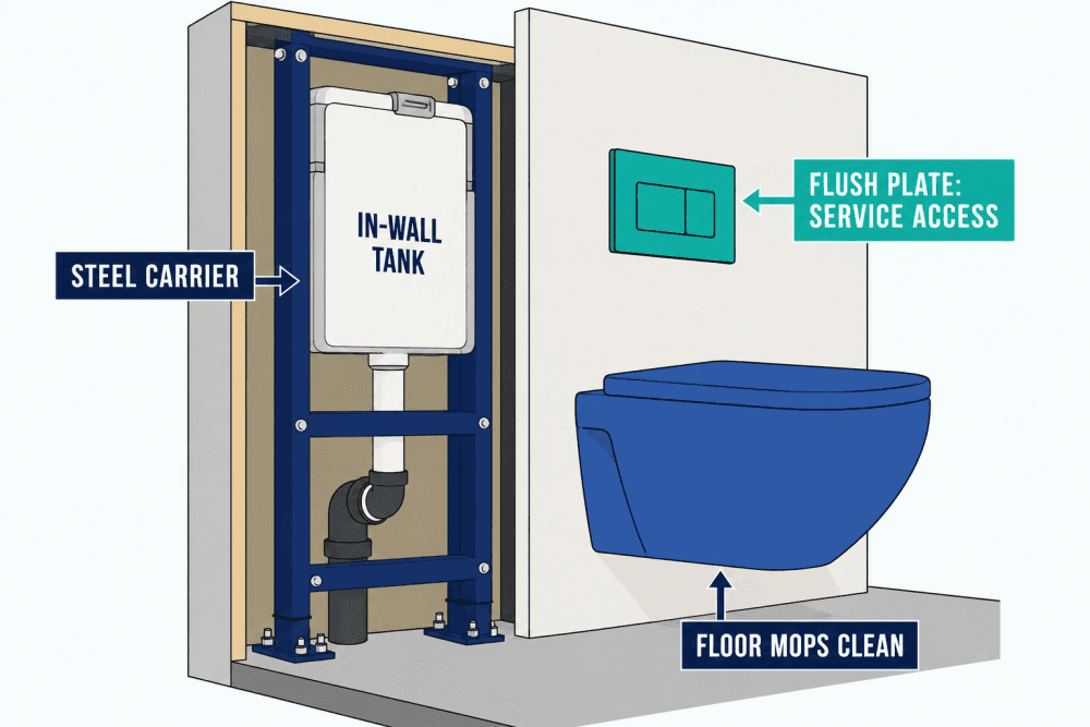 Cutaway of a wall-hung toilet showing the steel carrier frame and in-wall tank inside the wall, bolted to the floor, with the flush plate as the service access
