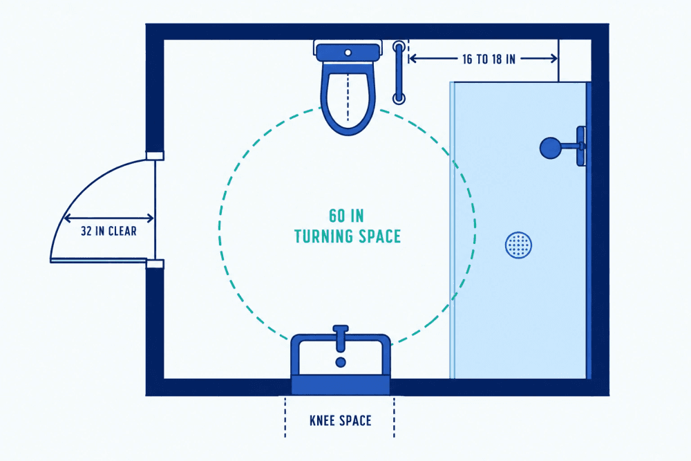 Plan view of an accessible bathroom showing a 60 inch turning circle, 32 inches of clear door width, a toilet 16 to 18 inches from the side wall, and a roll-under sink